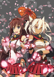  2girls ammunition anchor apr blonde_hair blush breasts brown_hair budget_sarashi cherry_blossoms chest_sarashi commentary_request dark-skinned_female dark_skin detached_sleeves fingerless_gloves flower glasses gloves hair_flower hair_ornament headgear kantai_collection large_breasts long_hair multiple_girls musashi_(kancolle) navel oil-paper_umbrella open_mouth petals photoshop_(medium) pointy_hair ponytail purple_eyes red_eyes red_umbrella sarashi short_hair short_twintails skirt smile thighhighs twintails umbrella very_long_hair yamato_(kancolle) 