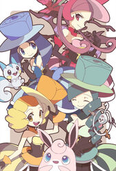  4girls bare_shoulders battle_chatelaine blonde_hair blue_eyes blue_hair closed_eyes commentary_request dana_(pokemon) dragalge dress drill_hair elbow_gloves evelyn_(pokemon) gloves green_hair hat klefki long_hair looking_at_viewer morgan_(pokemon) multicolored_hair multiple_girls nita_(pokemon) pachirisu photoshop_(medium) pink_hair pokemon pokemon_(creature) pokemon_xy red_eyes smile top_hat two-tone_hair wigglytuff yoyterra 