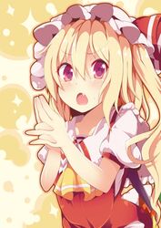  :o ascot blonde_hair commentary_request female flandre_scarlet hat hat_ribbon highres kan_lee kanchou looking_at_viewer mob_cap oerba_yun_fang open_mouth puffy_sleeves red_eyes ribbon shirt short_hair solo touhou upper_body vest 