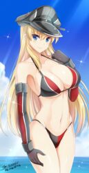  absurdres adapted_costume arm_at_side artist_name bikini bismarck_(kancolle) black_gloves blonde_hair blue_eyes blue_sky breasts cleavage cloud collarbone commentary_request dated day elbow_gloves female gloves grey_bikini grey_hat hat highres kantai_collection large_breasts light_rays long_hair navel peaked_cap red_bikini sky solo stomach summer sunlight swimsuit the-sinner very_long_hair 