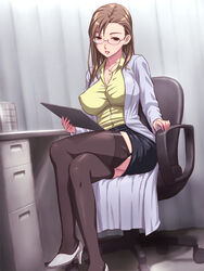  black_thighhighs blush breasts brown_eyes brown_hair buttons chair clipboard covered_nipples crossed_legs curtains desk doctor female full_body garter_straps glasses head_tilt heart heart_necklace high_heels holding indoors jewelry lab_coat large_breasts legs lipstick long_hair looking_at_viewer makeup manabe_chie mature_female mole mole_under_mouth necklace office_chair open_clothes original parted_lips pencil_skirt rimless_eyewear shimano_natsume shirt shoes sitting skirt smile solo swivel_chair taut_clothes taut_shirt thick_thighs thighhighs thighs wing_collar zettai_ryouiki 