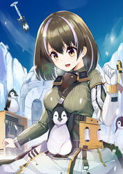  arknights bird bird_mask blue_sky box breasts breath brown_hair clothes_around_waist cold commentary day drone earrings equipment female gloves green_sweater groping hair_between_eyes hoop_earrings ice igloo jacket jacket_around_waist jewelry lens_flare long_sleeves magallan_(arknights) magallan_(elite_ii)_(arknights) mask mask_around_neck medium_breasts multicolored_hair open_mouth outdoors penguin respirator ribbed_sweater short_hair single_earring sky smile snow snow_shelter solo strap streaked_hair sweater tools tripod turtleneck turtleneck_sweater two-tone_hair white_gloves white_hair yatsucchie 