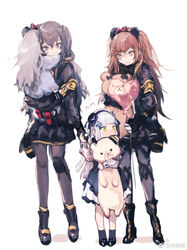  404_(girls&#039;_frontline) 4girls aged_down alternate_costume armband balloon black_footwear black_jacket black_pantyhose blunt_bangs blush brown_eyes brown_hair carrying closed_mouth commentary dress facial_mark g11_(girls&#039;_frontline) gen_gen_tan girls&#039;_frontline green_eyes grey_hair hair_ornament hairband hat heart_balloon highres hk416_(black_kitty&#039;s_gift)_(girls&#039;_frontline) hk416_(girls&#039;_frontline) holding holding_hands holding_stuffed_toy jacket long_hair long_sleeves mini_hat multiple_girls official_alternate_costume pantyhose scar scar_across_eye scar_on_face simple_background stuffed_animal stuffed_toy teddy_bear ump45_(girls&#039;_frontline) ump9_(girls&#039;_frontline) weibo_watermark white_background white_hair yellow_armband 