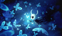  1other black_eyes blue_butterfly blue_theme bug butterfly dark glowing grey_cloak hollow_eyes hollow_knight horns jewelry knight_(hollow_knight) looking_away mamoru_mikokoro nail_(hollow_knight) necklace shadow sharpened_nail_(hollow_knight) solo sword weapon 