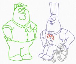  animal_humanoid anthro bonnie_(fnaf) bonworth_(roommates) bow_(feature) bow_tie clothed clothing digital_drawing_(artwork) digital_media_(artwork) disability duo english_text family_guy five_nights_at_freddy&#039;s human humanoid joe_swanson lagomorph lagomorph_humanoid leporid male mammal mammal_humanoid mike_schmidt mike_schmidt_(roommates) muscular muscular_male overweight overweight_male peter_griffin roommates:motha scottgames security_uniform simple_background text unknown_artist vehicle wheelchair white_background 