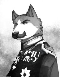  anthro black_and_white canid canine canis clothed clothing domestic_dog emperor facial_hair german_empire german_shepherd herding_dog hi_res male mammal medal mitchthegoat monochrome moustache pastoral_dog prussian royalty solo world_war_1 