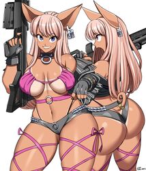  2023 absurdres adjusting_clothes adjusting_panties animal_ears anti-materiel_rifle armpits ass barrett_m82 bikini_tan black_choker black_jacket blue_eyes bracelet breasts choker closed_mouth cropped_jacket earrings female fingerless_gloves genderswap_(mtf) gloves gun hand_on_own_hip highres holding holding_gun holding_weapon jacket jewelry journey_to_the_west kansu-kansu leg_ribbon long_hair looking_at_viewer medium_breasts multiple_views navel off_shoulder panties panty_straps parted_lips pig_ears pig_girl pig_nose pig_tail pink_hair pink_ribbon ribbon rifle rose_(zaiyuki) rule_63 signature simple_background single_earring smile sniper_rifle tail tan tanlines thigh_ribbon underboob underwear weapon white_background zaiyuki zhu_bajie 