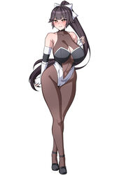  azur_lane bare_shoulders black_hair blush bow breasts cleavage cleavage_cutout closed_mouth clothing_cutout covered_navel female full_body highres large_breasts long_hair looking_at_viewer muta_poo official_alternate_costume pantyhose ponytail race_queen solo takao_(azur_lane) takao_(full_throttle_charmer)_(azur_lane) two-tone_leotard white_bow 