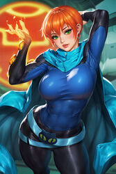  abs aged_up arm_behind_head ben_10 blue_cloak blurry blurry_background bodysuit breasts cloak earrings english_commentary female freckles green_eyes gwen_tennyson highres jewelry large_breasts neoartcore orange_hair patreon_username short_hair solo taut_clothes toned two-tone_bodysuit watermark zipper zipper_pull_tab 