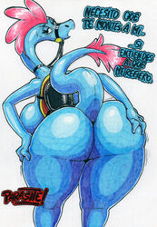  2020 alien anthro areola ass bedroom_eyes bent_over big_breasts big_butt black_eyes blue_body blue_nipples blush breasts colored crouching dialogue disney female glistening glistening_body glistening_breasts glistening_skin hand_on_butt hi_res huge_butt huge_thighs looking_at_viewer looking_back narrowed_eyes nipples nude parasitedeath reins seductive simple_background solo spanish_text sylvia_(wander_over_yonder) text thick_thighs traditional_media_(artwork) translated wander_over_yonder white_background zbornak 