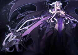  absurdly_long_hair absurdres aoi_tabane breasts cleavage corruption dark_persona demon_horns demon_tail demon_wings elbow_gloves female genderswap_(mtf) gloves hair_between_eyes highres horns huge_breasts katsuragi_souma kouyoku_senki_exs-tia long_hair luxiel_(kouyoku_senki_exs-tia) navel pelvic_curtain pink_eyes pink_hair pointy_ears polearm pubic_tattoo rule_63 see-through solo spear tail tattoo thighhighs tiara very_long_hair weapon wings 