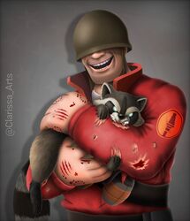  2019 ambiguous_gender armor bite bite_mark blood bodily_fluids carrying_another clarissa_arts claws clothing digital_drawing_(artwork) digital_media_(artwork) duo explosives feral fur grenade grey_body grey_fur headgear helmet hi_res human lieutenant_bites male mammal open_mouth open_smile procyonid raccoon red_clothing red_shirt red_topwear sharp_teeth shirt simple_background smile soldier_(team_fortress_2) team_fortress_2 teeth topwear valve weapon wounded 