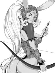  animal_ears arrow_(projectile) artist_name ass bow_(weapon) breasts commentary dark-skinned_female dark_skin female final_fantasy final_fantasy_xii fran_(ff12) greyscale headpiece high_ponytail highleg highleg_leotard highres holding holding_weapon leotard long_hair mandytsune medium_breasts monochrome parted_lips ponytail rabbit_ears rabbit_tail shiny_skin short_sleeves smile solo tail vambraces viera watermark weapon white_background 