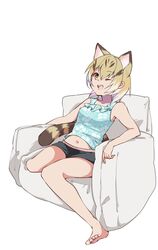  alternate_costume animal_ears bare_arms bare_legs barefoot black_shorts blonde_hair blue_shirt casual cat_ears cat_girl cat_tail chair commentary_request feet female floral_print highres kemono_friends midriff_peek multicolored_hair nanana_(nanana_iz) navel one_eye_closed sand_cat_(kemono_friends) shirt short_hair short_shorts shorts sitting sleeveless solo tail tank_top toes white_hair yellow_eyes 