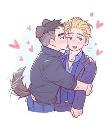  2boys animal_ears bara beard black_hair blonde_hair blue_eyes blue_jacket chibi couple david_king_(dead_by_daylight) dead_by_daylight dog_boy dog_ears dog_tail eyebrow_cut facial_hair felix_richter highres hug jacket kemonomimi_mode licking licking_another&#039;s_cheek licking_another&#039;s_face loving_aura male_focus multiple_boys open_mouth scar scar_on_face short_hair simple_background tail tail_wagging thick_eyebrows undercut wasted_m9 white_background yaoi 