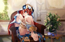  bare_legs bare_shoulders barefoot blue_eyes chair fake_horns feet female genshin_impact hair_ornament headgear horns indoors k-rumi legs looking_at_viewer nilou_(genshin_impact) plant red_hair sitting smile table thigh_strap thighs toes 