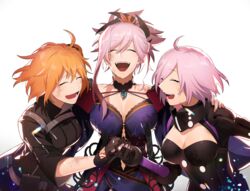  3girls :d ^_^ ahoge arm_around_neck bare_shoulders black_bodysuit black_gloves bodysuit breasts cleavage cleavage_cutout closed_eyes clothing_cutout collarbone command_spell commentary_request fate/grand_order fate_(series) fujimaru_ritsuka_(female) fujimaru_ritsuka_(female)_(polar_chaldea_uniform) gloves hair_ornament highres holding_hands japanese_clothes kimono large_breasts long_sleeves magatama mash_kyrielight mash_kyrielight_(ortenaus) medium_breasts miyamoto_musashi_(fate) miyamoto_musashi_(third_ascension)_(fate) multiple_girls obi open_mouth orange_hair ororooops pink_hair purple_kimono sash sheath sheathed short_hair short_ponytail side_ponytail simple_background single_sidelock sleeves_past_elbows smile swept_bangs upper_body white_background wide_sleeves 