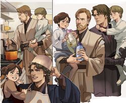  3boys alternate_universe anakin_skywalker animification apron beard black_gloves black_robe blue_eyes boots bottle brother_and_sister brown_hair brown_robe brown_shirt carrying closed_mouth commentary cooking cooking_pot double_bun doughnut_hair_bun english_commentary eye_contact facial_hair father_and_daughter father_and_son female gloves grey_eyes grin hair_bun hand_up highres holding holding_bottle holding_spoon indoors kitchen lips lolicon long_sleeves looking_at_another luke_skywalker moustache multiple_boys multiple_views obi-wan_kenobi parted_lips pot_on_head princess_leia_organa_solo robe shirt short_hair siblings single_glove smile spoon standing star_wars stirring teeth thisuserisalive white_footwear white_robe 