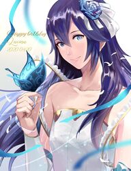  2020 ameno_(a_meno0) bare_shoulders birthday blue_butterfly blue_eyes blue_flower blue_hair blue_ribbon bride bride_(fire_emblem) bug butterfly butterfly_on_hand character_name closed_mouth collarbone commentary_request dress female fire_emblem fire_emblem_awakening fire_emblem_warriors flower hair_between_eyes hair_flower hair_ornament hair_ribbon happy_birthday lips long_hair looking_at_viewer lucina_(fire_emblem) official_alternate_costume petals ribbon smile solo wedding_dress white_background white_dress white_petals white_ribbon 