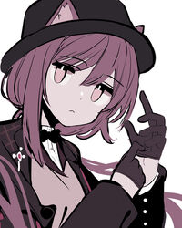  animal_ear_fluff animal_ears arknights black_bow black_bowtie black_gloves black_hat black_jacket bow bowtie brown_eyes brown_hair closed_mouth commentary_request ears_through_headwear female floating_hair gloves hair_between_eyes half_gloves hat highres jacket long_hair long_sleeves looking_at_viewer melantha_(arknights) melantha_(letters_from_wessex)_(arknights) muted_color official_alternate_costume open_clothes open_jacket putting_on_gloves shirt simple_background solo tetuw upper_body very_long_hair white_background white_shirt 