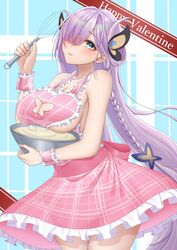  alternate_costume apron azur_lane bare_shoulders blush braid breasts butterfly_cutout butterfly_hair_ornament cleavage closed_mouth female frilled_apron frills green_eyes hair_ornament hair_over_one_eye happy_valentine highres holding holding_whisk huge_breasts konparu_uran long_hair looking_at_viewer louisville_(azur_lane) naked_apron pink_apron purple_hair solo valentine very_long_hair whisk 