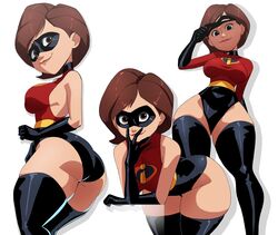  absurdres alternate_costume ass bent_over black_gloves black_mask breasts brown_eyes brown_hair curvy domino_mask elastigirl female gloves helen_parr highres inker_comics large_breasts leotard looking_at_viewer mask mature_female multiple_views short_hair simple_background superhero_costume the_incredibles thick_thighs thighs white_background wide_hips 