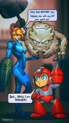  1boy absurdres arm_cannon armor artist_name ass blonde_hair blue_bodysuit blue_eyes bodysuit breasts crossover danderfull drill dumbbell english_text exercising female full_body graveler height_difference helmet highres holding holding_pokemon looking_at_another medium_breasts mega_man_(character) mega_man_(classic) mega_man_(series) mega_man_4 metroid mole mole_under_mouth pokemon pokemon_(creature) ponytail red_helmet samus_aran skin_tight speech_bubble strong super_smash_bros. weapon weightlifting zero_suit 