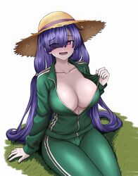  absurdres alternate_costume axelsworks azur_lane blush breasts collarbone drooling eyes_visible_through_hair female green_track_suit hair_over_one_eye hat heart heart-shaped_pupils highres huge_breasts jacket long_hair low_twintails mogador_(azur_lane) mouth_drool on_grass open_mouth pants partially_unzipped pulling_own_clothes purple_eyes purple_hair sitting solo straw_hat sun_hat sweat symbol-shaped_pupils track_jacket track_pants track_suit twintails very_long_hair 