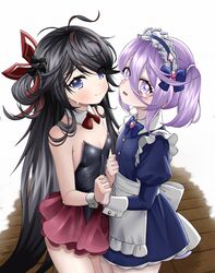  2girls @_@ absurdres apron axelsworks azur_lane bare_shoulders black_hair black_leotard blue_bow blue_bowtie blue_dress blush bow bowtie breasts cleavage crying crying_with_eyes_open detached_collar dress epee_(azur_lane) epee_(poor_lonely_night)_(azur_lane) flasher_(azur_lane) flasher_(tearjerking_service)_(azur_lane) frilled_apron frilled_dress frills hair_between_eyes hair_over_one_eye hairbow highres holding_hands leotard long_hair maid_headdress medium_hair messy_hair miniskirt multicolored_hair multiple_girls nervous official_alternate_costume open_mouth purple_eyes purple_hair red_hair red_skirt skirt small_breasts standing strapless strapless_leotard streaked_hair tears twintails two-tone_hair very_long_hair waist_apron wavy_mouth white_apron 