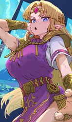  blonde_hair blue_eyes breasts circlet dress elf female highres ishijimajirou large_breasts long_hair looking_at_viewer open_mouth pointy_ears princess_zelda purple_dress shirt short_sleeves side_slit sleeveless sleeveless_dress solo sweat the_legend_of_zelda the_legend_of_zelda:_a_link_between_worlds white_shirt 