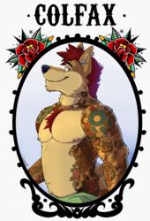  american_traditional anthro canid canine canis chest_tuft colfaxwulffy ear_piercing flower hi_res industrial_piercing male mammal navel nipple_piercing nipples pecs piercing plant rose_(flower) rose_tattoo skull_tattoo sleeve_tattoo smile snout solo tattoo tuft wolf 