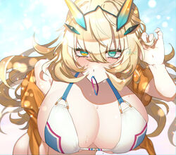  bare_shoulders barghest_(fate) barghest_(swimsuit_archer)_(fate) barghest_(swimsuit_archer)_(final_ascension)_(fate) bikini blonde_hair blue_sky blush breasts chiri_214 cleavage collarbone fate/grand_order fate_(series) female green_eyes highres horns huge_breasts long_hair looking_at_viewer multicolored_bikini multicolored_clothes off_shoulder open_clothes open_shirt orange_shirt shirt short_sleeves sky solo sparkle swimsuit thighs wet white_bikini 