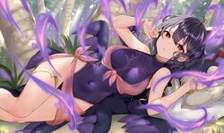  ahoge alternate_costume black_hair bracelet breasts character_doll commentary commission corruption covered_navel dark_persona english_commentary eyes_of_grima female fire_emblem fire_emblem_awakening fire_emblem_heroes grima_(fire_emblem) hair_between_eyes haru_(nakajou-28) highres jewelry looking_at_viewer lying magic medium_breasts morgan_(female)_(fire_emblem) morgan_(fire_emblem) one-piece_swimsuit outdoors possessed purple_one-piece_swimsuit red_eyes sarong short_hair solo swimsuit tree 