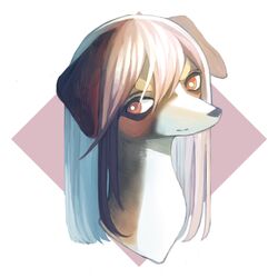  animal animal_focus bad_id bad_twitter_id canine closed_mouth commentary_request hair_between_eyes highres long_hair mayumochini no_humans orange_eyes original pink_hair portrait sideways_mouth simple_background solo two-tone_background white_background 