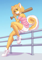  anthro arm_support bangs baseball_bat bat_(object) blonde_hair blue_background bottomwear butterscotch_(peargor) calf_tuft canid canine canis clothed clothing concrete curled_tail day domestic_dog dstears eyebrows eyelashes female fluffy fluffy_tail footwear full-length_portrait fur go_to_horny_jail gradient_background hair hi_res holding_object holding_weapon leaning_on_elbow leg_tuft looking_at_viewer mammal melee_weapon meme multicolored_body multicolored_fur off_shoulder outside pink_clothing pink_shirt pink_topwear portrait railing shaded shadow shiba_inu shirt shoes short_hair shorts simple_background simple_eyes sitting sitting_on_fence sky sneakers solo spitz tail tail_tuft three-quarter_view topwear tuft two_tone_body two_tone_fur weapon weapon_on_shoulder white_body white_bottomwear white_clothing white_eyebrows white_footwear white_fur white_shoes white_shorts yellow_body yellow_fur 