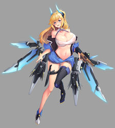  absurdres arm_belt armored_legwear asymmetrical_footwear bare_shoulders black_thighhighs blonde_hair blue_eyes blue_jacket blush breasts cleavage collarbone commentary_request covered_nipples dagger detached_collar female floating full_body grey_background grey_panties gun hair_between_eyes halterneck headgear highres holding holding_gun holding_weapon holster jacket kiwoseo_meogneundas knife korean_commentary large_breasts looking_at_viewer mecha_musume mechanical_wings midriff mismatched_footwear navel o-ring o-ring_top off_shoulder open_mouth original panties partially_unzipped ponytail short_sleeves sidelocks simple_background single_thighhigh skindentation solo strapless thigh_holster thighhighs trigger_discipline tube_top underwear wavy_mouth weapon white_tube_top wings 