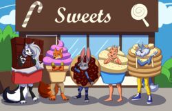  absurd_res anthro candy canid canid_demon canine canis chocolate chocolate_bar clothed clothing costume cream_(food) cupcake day demon dessert detailed_background diane_foxington disney doughnut dreamworks female food food_costume fox group hellhound helluva_boss hi_res hinzen ice ice_cream illumination_entertainment judy_hopps lagomorph leporid loona_(helluva_boss) male mammal mythological_canine mythological_creature mythology nick_wilde outside pancake pastry porsha_crystal rabbit red_fox sing_(movie) standing store the_bad_guys true_fox wolf zootopia 