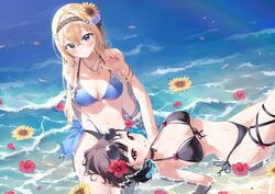  2girls arm_support beach bikini black_bikini black_choker black_hair blonde_hair blue_bikini blue_eyes bracelet breasts breasts_apart choker cleavage commentary crossed_bangs eyewear_on_head flower frilled_bikini frills front-tie_bikini_top front-tie_top hair_between_eyes hair_flower hair_ornament hairband hairclip halterneck hibiscus jewelry lap_pillow long_hair medium_breasts morros multi-strapped_bikini_bottom multiple_girls nail_polish necklace o-ring o-ring_bikini o-ring_top ocean original outdoors red_eyes red_nails short_hair side-tie_bikini_bottom string_bikini sunflower sunflower_hair_ornament sunglasses swimsuit symbol-only_commentary thigh_strap water 