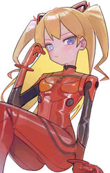  absurdres blue_eyes bodysuit breasts female highres interface_headset looking_at_viewer neon_genesis_evangelion orange_hair plugsuit red_bodysuit saaal653 shiny_clothes sitting skin_tight small_breasts solo souryuu_asuka_langley tsurime two_side_up white_background 