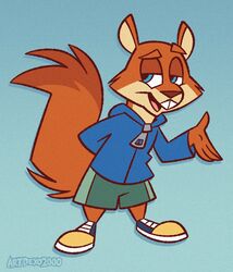  4_fingers anthro arched_eyebrow artdexo2000 biped blue_background blue_clothing blue_eyes blue_hoodie blue_topwear bottomwear brown_tail_tip buckteeth cheek_tuft clothed clothing conker conker&#039;s_bad_fur_day digital_media_(artwork) dipstick_tail drop_shadow eyebrows facial_tuft fingers fluffy fluffy_tail footwear full-length_portrait fully_clothed fur green_bottomwear green_clothing green_shorts half-closed_eyes hi_res hoodie long_tail male mammal markings multicolored_body multicolored_fur narrowed_eyes open_mouth orange_body outline portrait raised_eyebrow raised_hand rareware rodent sciurid shoes shorts simple_background sneakers solo tail tail_markings teeth topwear tree_squirrel tuft two_tone_body two_tone_fur watermark zipper_pull_tab 