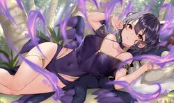  ahoge alternate_costume anklet black_hair black_one-piece_swimsuit bracelet breasts character_doll collarbone commentary commission corruption covered_navel dark_persona english_commentary female fire_emblem fire_emblem_awakening fire_emblem_heroes grima_(fire_emblem) hair_between_eyes haru_(nakajou-28) highres jewelry looking_at_viewer lying magic medium_breasts morgan_(female)_(fire_emblem) morgan_(fire_emblem) one-piece_swimsuit outdoors plant purple_one-piece_swimsuit red_eyes see-through short_hair solo swimsuit thighs tree 