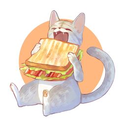  bacon bad_id bad_twitter_id closed_eyes commentary_request eating fangs feline food food_focus full_body hands_up highres holding lettuce mayumochini no_humans open_mouth original pawpads sandwich simple_background sitting solo tomato two-tone_background white_background 