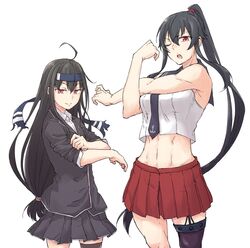  2girls abs asymmetrical_legwear bad_id bad_twitter_id black_hair black_jacket black_legwear black_skirt blazer blue_headband crop_top dress garter_straps gloves hatsushimo_(kancolle) hatsushimo_kai_ni_(kancolle) headband highres jacket kantai_collection long_hair looking_at_viewer low-tied_long_hair midriff multiple_girls one_eye_closed pleated_dress pleated_skirt ponytail red_eyes red_skirt rindou_(rindou_annon) school_uniform serafuku sidelocks simple_background single_thighhigh skirt standing stretching thighhighs toned uneven_legwear white_background white_gloves yahagi_(kancolle) 