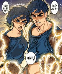  1boy angry aura birthmark blue_eyes blue_hair blue_shirt breasts commentary dual_persona electricity english_commentary english_text female fingerless_gloves genderswap_(mtf) gloves hamon highres joestar_birthmark jojo_no_kimyou_na_bouken jonathan_joestar large_breasts lightning looking_at_viewer medium_hair muscular muscular_male phantom_blood rule_63 serious shirt short_hair shoulder_pads speech_bubble teeth umikochannart 