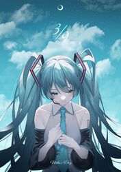  39 blue_eyes blue_hair blush closed_mouth collarbone collared_shirt commentary_request crescent_moon date_pun dated detached_sleeves emosk female hair_ornament hands_on_own_chest hatsune_miku headset highres long_hair long_sleeves looking_down miku_day moon necktie night night_sky number_pun own_hands_together partial_commentary shirt sky sleeveless sleeveless_shirt smile solo split_mouth star_(sky) starry_moon starry_sky tie_clip twintails very_long_hair vocaloid 