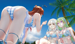  3girls ahoge all_fours ankle_garter arm_at_side arm_garter arm_support ass assault_lily bare_arms bare_legs bare_shoulders bikini blue_bikini blue_footwear blue_hairband blue_ribbon blue_sky blurry blurry_background bow_hairband bracelet breasts brown_eyes brown_hair choker cleavage closed_mouth cloud commentary content_rating day egawa_kusumi facing_away frilled_bikini frilled_choker frills from_behind from_below gem green_hair green_ribbons hair_between_eyes hair_ribbon hairband halterneck hand_on_another&#039;s_arm heart heart_ahoge holding holding_shell jewelry leg_ribbon light_smile looking_at_another medium_breasts multi-strapped_bikini multi-strapped_bikini_bottom multiple_girls navel nenshuu5man official_alternate_costume one_side_up outdoors palm_tree parted_lips pearl_(gemstone) plaid plaid_bikini plaid_ribbon purple_eyes ribbon sandals shell side-by-side sitting sky stomach swimsuit takasuga_tsukushi tanaka_ichi thigh_ribbon tree tree_shade white_choker white_hair white_ribbon 