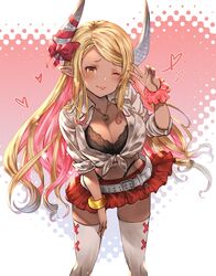  amesuku_gyaru ayacho belt black_bra blonde_hair blush bra bracelet breasts cleavage closed_mouth commentary_request dark_skin draph embarrassed female granblue_fantasy granblue_fantasy_(style) gyaru highleg highleg_panties highres horn_ornament horn_ribbon horns jewelry kogal kumbhira_(granblue_fantasy) large_breasts long_hair miniskirt necklace one_eye_closed panties panty_straps pointy_ears polka_dot polka_dot_background red_skirt ribbon scrunchie shirt skirt solo thighhighs tied_shirt underwear v white_thighhighs wrist_scrunchie zettai_ryouiki 