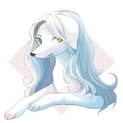  animal animal_focus bad_id bad_twitter_id canine closed_mouth commentary_request green_eyes highres long_hair looking_to_the_side mayumochini no_humans original simple_background solo swept_bangs two-tone_background white_background white_hair 