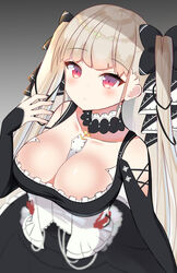  azur_lane bare_shoulders between_breasts black_dress black_nails blonde_hair bow breasts cleavage collar commentary corset detached_sleeves dress english_commentary female formidable_(azur_lane) frilled_collar frilled_corset frilled_dress frills gradient_background hair_ornament hair_ribbon hairbow hand_up highres jewelry kawaiipony2 large_breasts necklace red_eyes ribbon solo twintails upper_body 