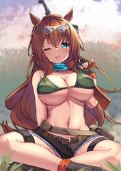  ak-47 alternate_costume animal_ears aqua_eyes assault_rifle bikini black_footwear black_shorts boots breasts brown_hair cleavage crossed_legs ear_ornament female finger_on_trigger green_bikini gun hair_between_eyes highres holding holding_weapon horse_ears horse_girl horse_tail kalashnikov_rifle large_breasts long_hair looking_at_viewer maruzensky_(umamusume) navel on_grass one_eye_closed orange_socks rifle shorts sitting socks solo swimsuit tail thigh_strap tongue tongue_out umamusume underboob very_long_hair weapon yuutopia 